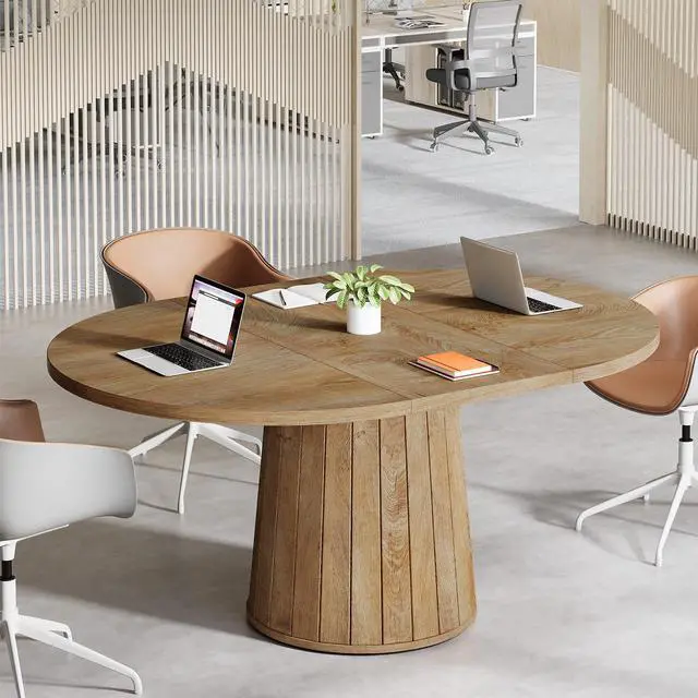 Alt view image 5 of 7 - 55.11" Oval Conference Table for 4-6 (Light Brown) | Rustic Meeting Table, Seminar Boardroom Furniture with Wood Base for Office Conference Room