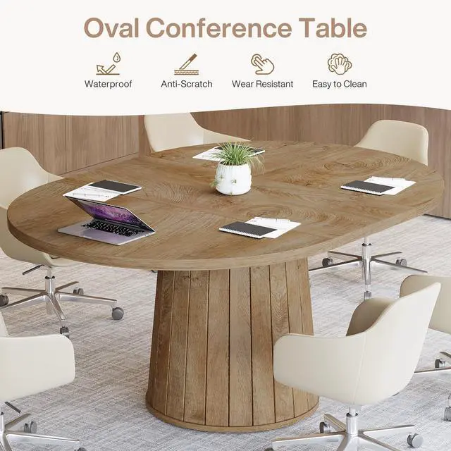 Alt view image 6 of 7 - 55.11" Oval Conference Table for 4-6 (Light Brown) | Rustic Meeting Table, Seminar Boardroom Furniture with Wood Base for Office Conference Room