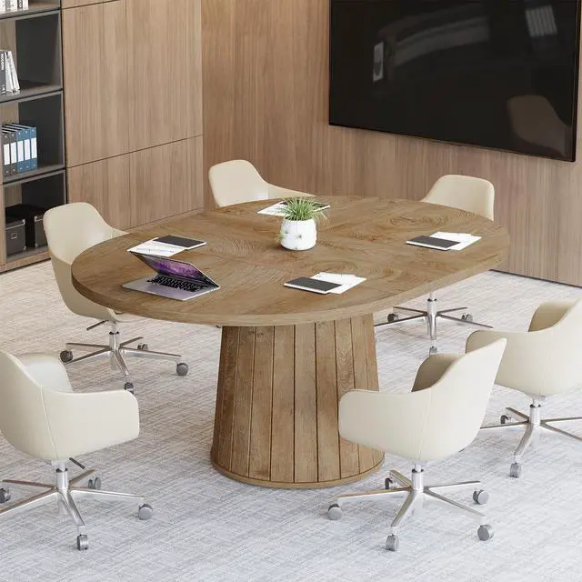 Alt view image 4 of 7 - 55.11" Oval Conference Table for 4-6 (Light Brown) | Rustic Meeting Table, Seminar Boardroom Furniture with Wood Base for Office Conference Room