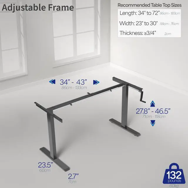 Alt view image 3 of 7 - Black Manual Height Adjustable Stand Up Desk Frame with Hand Crank System, Ergonomic Standing 2 Leg Workstation, DESK-V101M