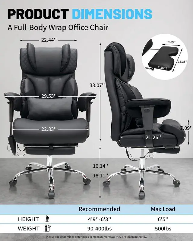 Alt view image 2 of 7 - Massage Office Chair with 6 Point Vibration, Foot Rest and Adjustable Armrests 500lbs Ergonomic Executive Home Office Desk Chairs for Big and Tall Heavy Duty People