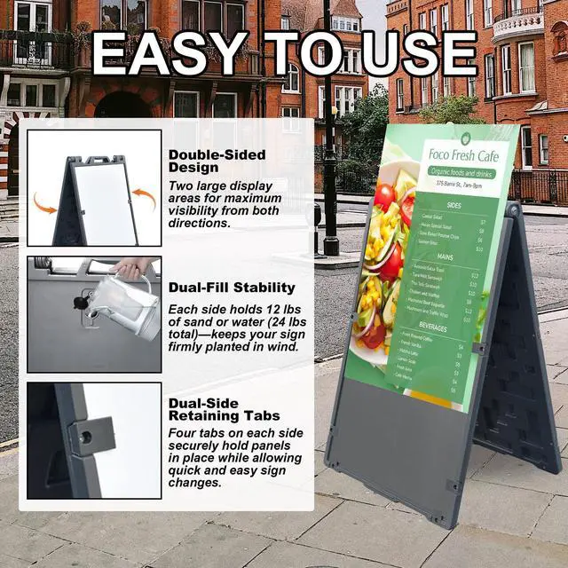 Alt view image 2 of 6 - 24"x36" A Frame Sign Stand, Double-Sided Heavy Duty Outdoor Large Signboard Portable Folding Poster Frame with Sand Fill Holes, Weather Resistant for Store, Cafés, Weddings, Street advertising