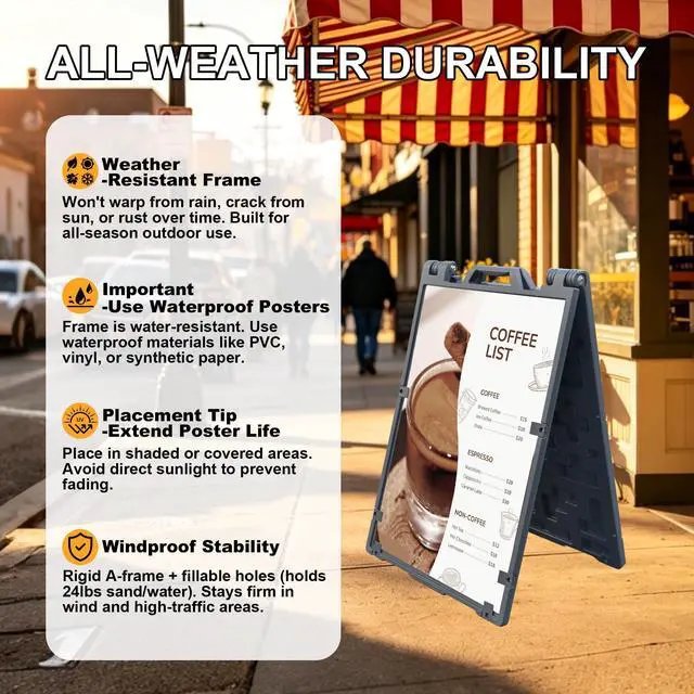 Alt view image 5 of 6 - 24"x36" A Frame Sign Stand, Double-Sided Heavy Duty Outdoor Large Signboard Portable Folding Poster Frame with Sand Fill Holes, Weather Resistant for Store, Cafés, Weddings, Street advertising