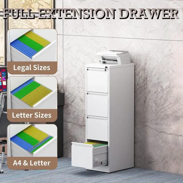 Alt view image 6 of 7 - File Cabinet, 4 Drawer File Cabinet with Lock, Steel Vertical Filing Cabinets for Home Office, Heavy Duty File Storage Cabinet for Legal/Letter/A4 Documents, Easy to Assemble, White