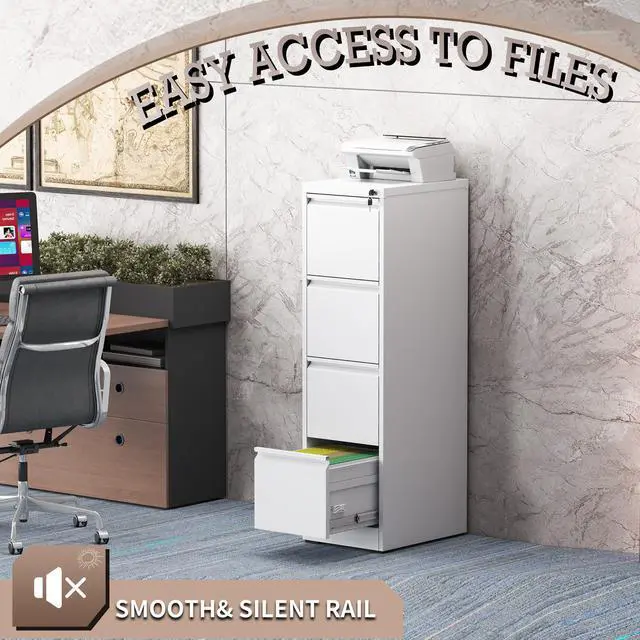 Alt view image 5 of 7 - File Cabinet, 4 Drawer File Cabinet with Lock, Steel Vertical Filing Cabinets for Home Office, Heavy Duty File Storage Cabinet for Legal/Letter/A4 Documents, Easy to Assemble, White