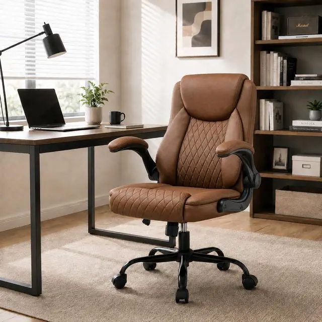 Main image of Office Executive Chair with Flip-up Arms, Brown | PU Leather Chair for Home, Ergonomic Design Office Chair, Computer Desk Chair for Gaming, Adjustable Height