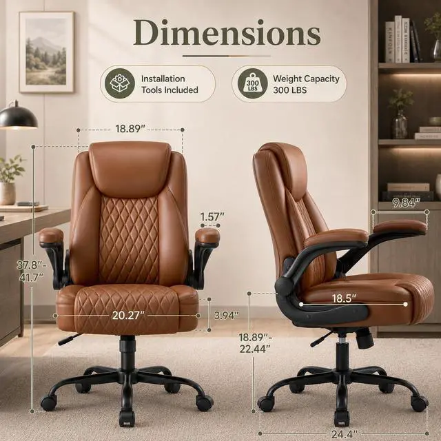 Alt view image 2 of 5 - Office Executive Chair with Flip-up Arms, Brown | PU Leather Chair for Home, Ergonomic Design Office Chair, Computer Desk Chair for Gaming, Adjustable Height