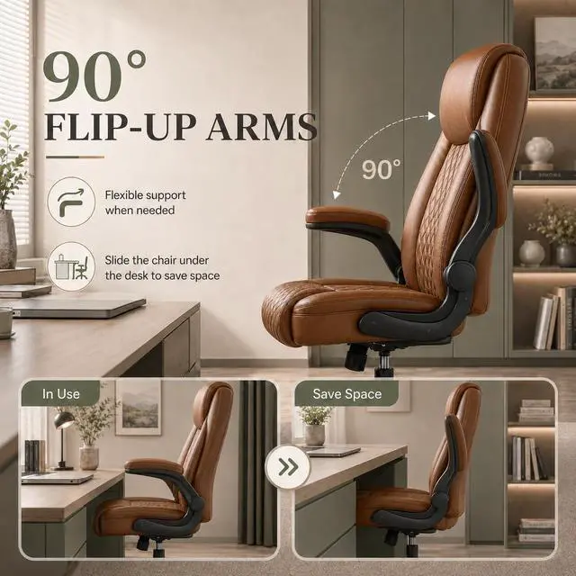 Alt view image 4 of 5 - Office Executive Chair with Flip-up Arms, Brown | PU Leather Chair for Home, Ergonomic Design Office Chair, Computer Desk Chair for Gaming, Adjustable Height