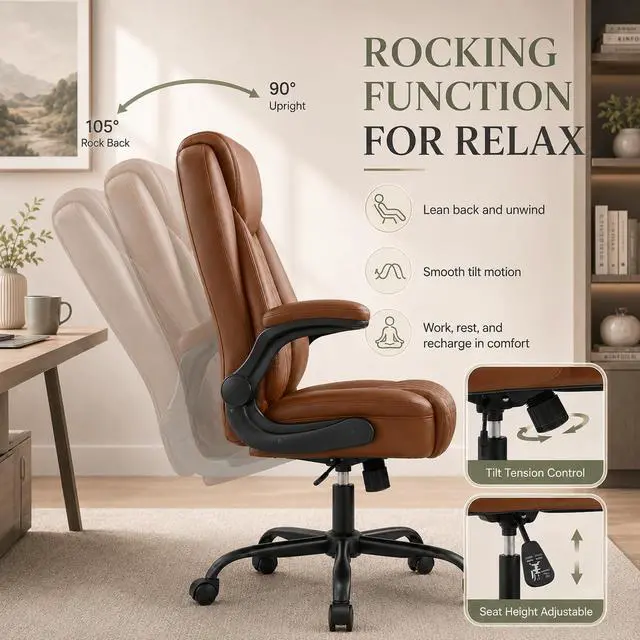 Alt view image 5 of 5 - Office Executive Chair with Flip-up Arms, Brown | PU Leather Chair for Home, Ergonomic Design Office Chair, Computer Desk Chair for Gaming, Adjustable Height
