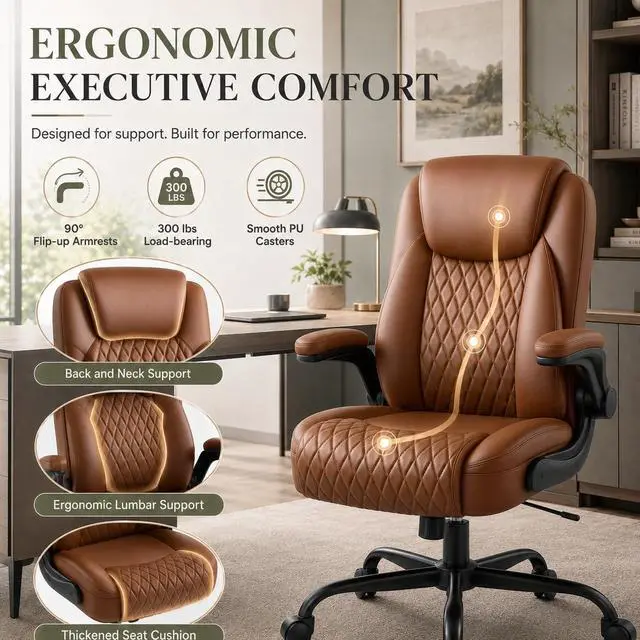 Alt view image 3 of 5 - Office Executive Chair with Flip-up Arms, Brown | PU Leather Chair for Home, Ergonomic Design Office Chair, Computer Desk Chair for Gaming, Adjustable Height