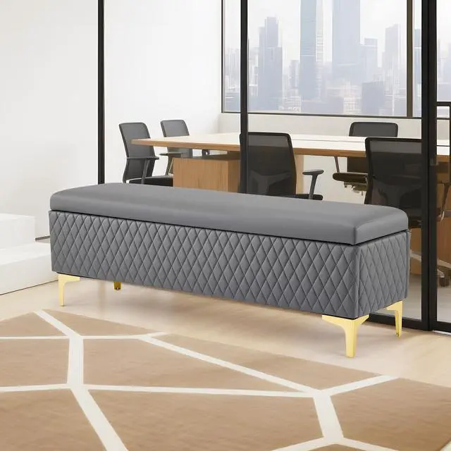 Alt view image 2 of 7 - Waiting Room Bench with Storage, Faux Leather Office Guest Chair Lobby Seating, Reception Furniture for Small Salon Barbershop Conference Business