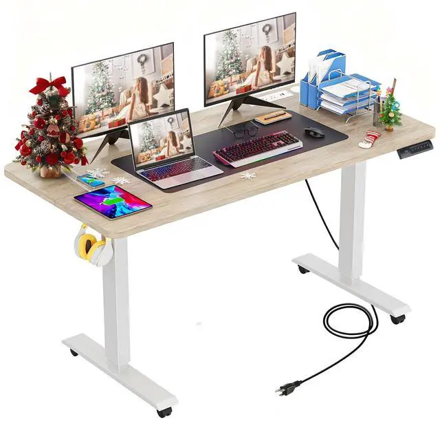 Main image of 55 x 24inch Electric Standing Desk Adjustable Height with Power Outlets, Stand up Desk with Wheels,Hooks, Mouse Pad, Preset Heights Home Office Gaming Computer Workstations TableOak