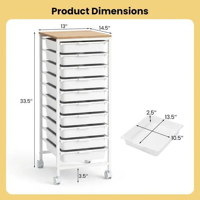 Alt view image 3 of 7 - 10-Drawer Rolling Storage Cart w/Lockable Wheels(White) | Utility Cart w/ Wood Top, Art Craft Organizer for Home, School, Paper Storage, Craft Room, Classroom, Office & Dorm Supplies