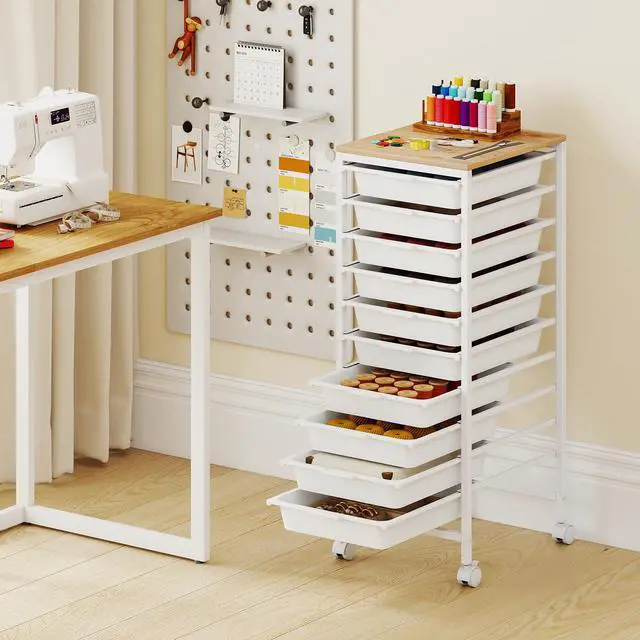 Alt view image 2 of 7 - 10-Drawer Rolling Storage Cart w/Lockable Wheels(White) | Utility Cart w/ Wood Top, Art Craft Organizer for Home, School, Paper Storage, Craft Room, Classroom, Office & Dorm Supplies