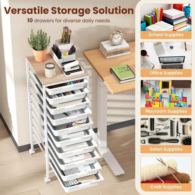 Alt view image 4 of 7 - 10-Drawer Rolling Storage Cart w/Lockable Wheels(White) | Utility Cart w/ Wood Top, Art Craft Organizer for Home, School, Paper Storage, Craft Room, Classroom, Office & Dorm Supplies