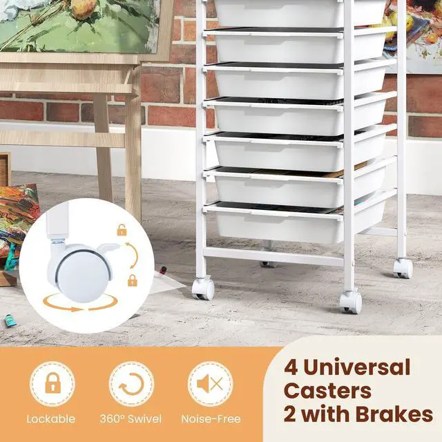 Alt view image 6 of 7 - 10-Drawer Rolling Storage Cart w/Lockable Wheels(White) | Utility Cart w/ Wood Top, Art Craft Organizer for Home, School, Paper Storage, Craft Room, Classroom, Office & Dorm Supplies