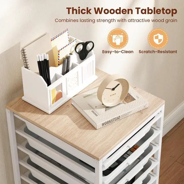 Alt view image 5 of 7 - 10-Drawer Rolling Storage Cart w/Lockable Wheels(White) | Utility Cart w/ Wood Top, Art Craft Organizer for Home, School, Paper Storage, Craft Room, Classroom, Office & Dorm Supplies