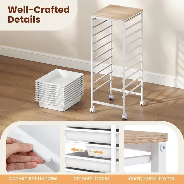 Alt view image 7 of 7 - 10-Drawer Rolling Storage Cart w/Lockable Wheels(White) | Utility Cart w/ Wood Top, Art Craft Organizer for Home, School, Paper Storage, Craft Room, Classroom, Office & Dorm Supplies