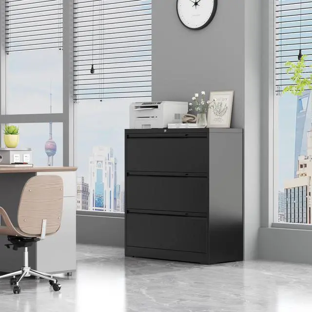 Alt view image 2 of 6 - 3 Drawer Lateral File Cabinet with Lock,Metal File Cabinets for Home Office,Locking Filing Cabinet for Letters/Legal/A4 Size, Assembly Required,Black 3 Drawer-36 W