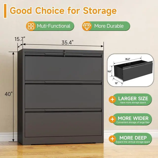 Alt view image 3 of 6 - 3 Drawer Lateral File Cabinet with Lock,Metal File Cabinets for Home Office,Locking Filing Cabinet for Letters/Legal/A4 Size, Assembly Required,Black 3 Drawer-36 W