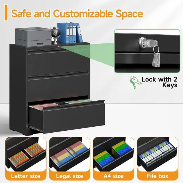 Alt view image 6 of 6 - 3 Drawer Lateral File Cabinet with Lock,Metal File Cabinets for Home Office,Locking Filing Cabinet for Letters/Legal/A4 Size, Assembly Required,Black 3 Drawer-36 W