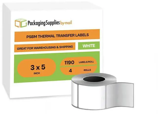 Alt view image 2 of 7 - PSBM 4 Rolls 3 x 5 Inch Thermal Transfer Label Stickers, 3 Inch Core, 1190 Labels/Roll, Fade-Resistant Label for Barcode and Shipping Printing, Compatible with Zebra, Sato & Datamax