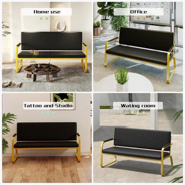 Alt view image 4 of 7 - Waiting Chair, 56 Office Guest Chair (Gold) | Reception Seating with Padded Cushion, Durable Metal Frame, for Beauty Salon Barber Shop