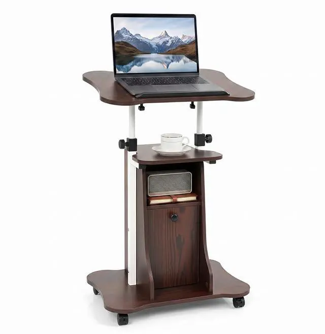 Main image of Mobile Podium Stand, Height Adjustable Laptop Computer Cart w/Tilting Top, Storage Cabinet & Lockable Wheels, Church Classroom Lecture, Sit-to-Stand Desk for Home Office (Brown,1)