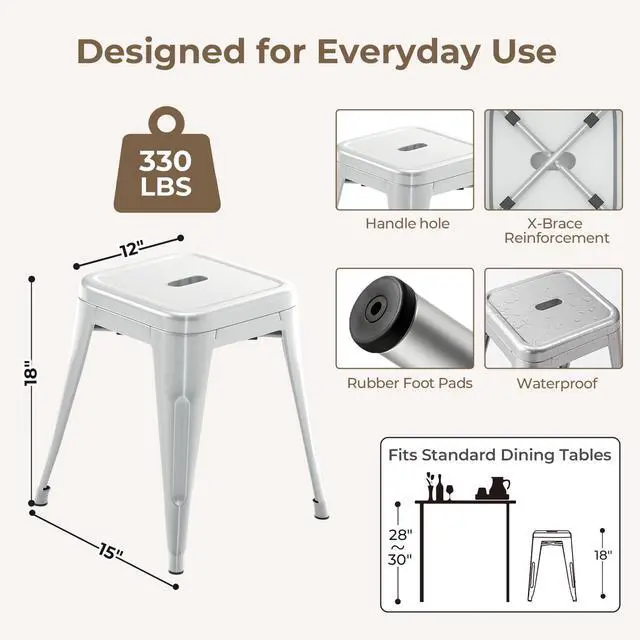 Alt view image 2 of 7 - 18 Inch Silver Black Metal Bar Stools, Backless Set of 2 | Counter Height, Footrest, Non Slip Feet, Water Resistant, Stain Resistant, Easy to Clean, Patio, Cafe