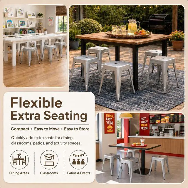 Alt view image 3 of 7 - 18 Inch Silver Black Metal Bar Stools, Backless Set of 2 | Counter Height, Footrest, Non Slip Feet, Water Resistant, Stain Resistant, Easy to Clean, Patio, Cafe