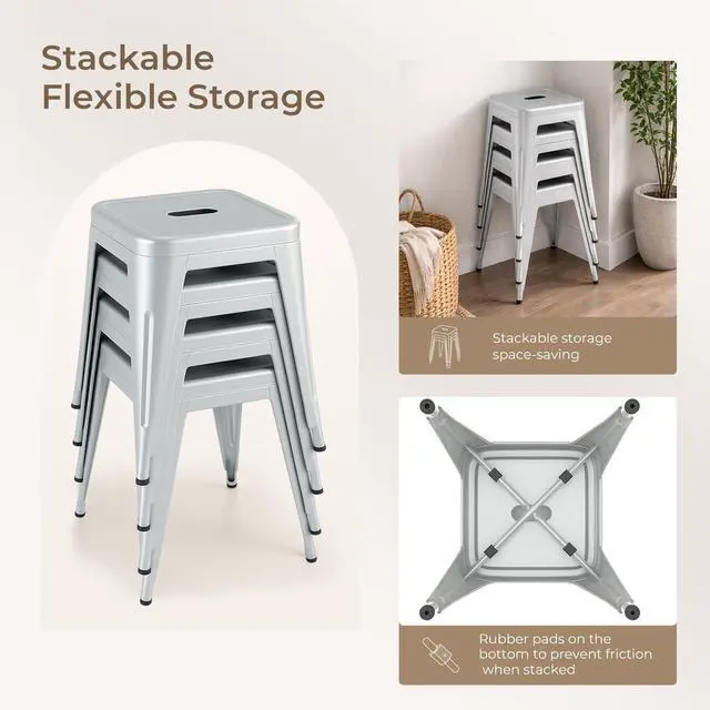 Alt view image 4 of 7 - 18 Inch Silver Black Metal Bar Stools, Backless Set of 2 | Counter Height, Footrest, Non Slip Feet, Water Resistant, Stain Resistant, Easy to Clean, Patio, Cafe