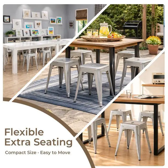 Alt view image 5 of 7 - 18 Inch Silver Black Metal Bar Stools, Backless Set of 2 | Counter Height, Footrest, Non Slip Feet, Water Resistant, Stain Resistant, Easy to Clean, Patio, Cafe