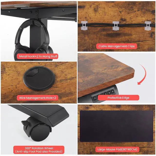 Alt view image 7 of 7 - Electric Standing Desk with Power Outlets and USB-C Port, 63 x 24 Inches Adjustable Height Sit Stand Up Desk for Home Office, Adjustable Desk with Memory Preset and Wheels, Brown
