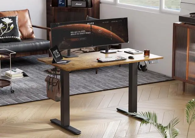Alt view image 2 of 7 - Electric Standing Desk Adjustable Height, 55 x 24 Inch Sit Stand Desk with T-Shaped Frame, 3 Memory Presets & Cable Management for Home Office Computer Workstation, Black Frame/Rustic Brown Top