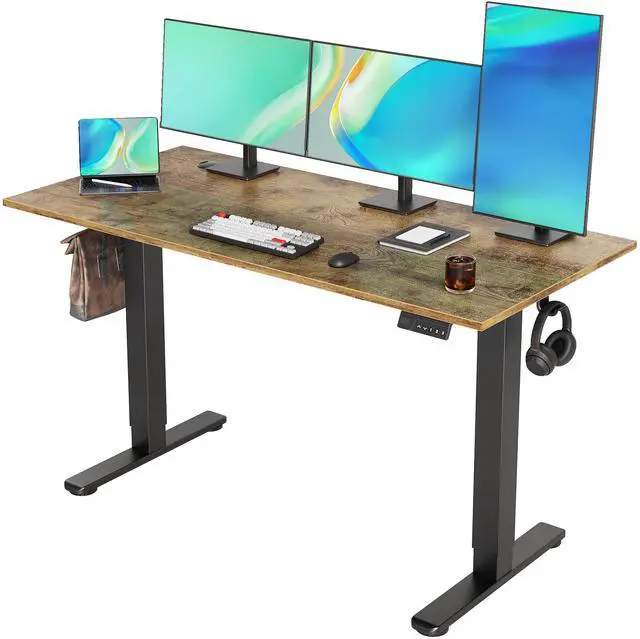 Main image of Electric Standing Desk Adjustable Height, 55 x 24 Inch Sit Stand Desk with T-Shaped Frame, 3 Memory Presets & Cable Management for Home Office Computer Workstation, Black Frame/Rustic Brown Top