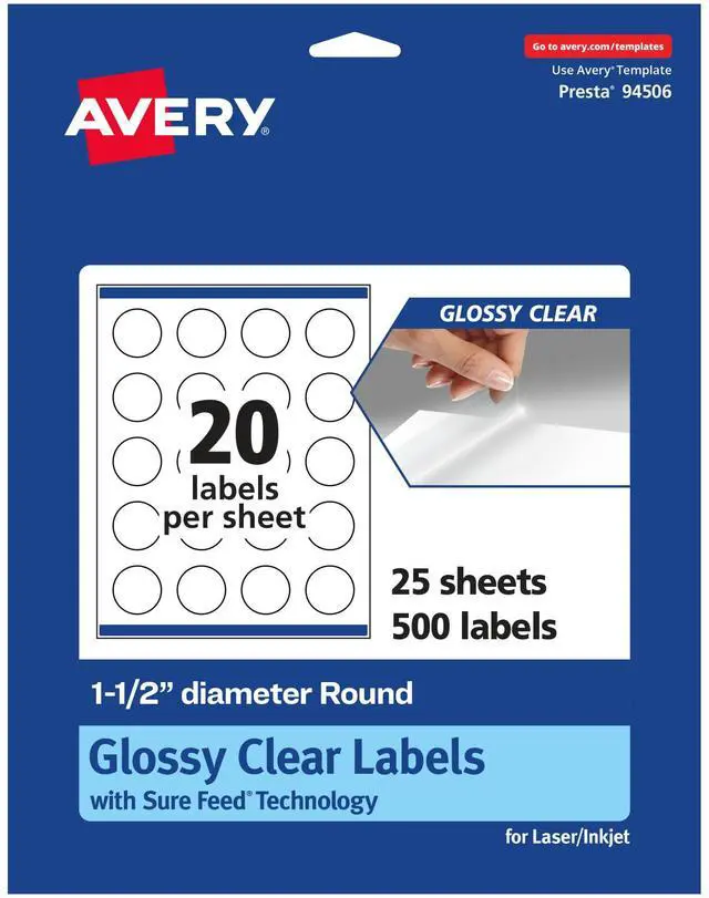 Main image of ® Glossy Clear Round Labels, Sure Feed® Technology, 1.5" Diameter, 500 Glossy Clear Labels, Print-to-The-Edge, Laser/Inkjet Printable