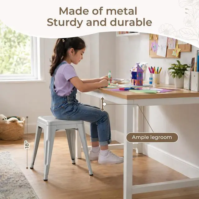 Alt view image 6 of 7 - 18 Inch Silver Black Metal Bar Stools, Backless Set of 2 | Counter Height, Footrest, Non Slip Feet, Water Resistant, Stain Resistant, Easy to Clean, Patio, Cafe