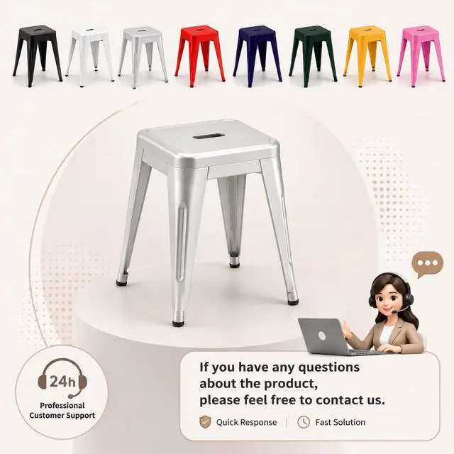 Alt view image 7 of 7 - 18 Inch Silver Black Metal Bar Stools, Backless Set of 2 | Counter Height, Footrest, Non Slip Feet, Water Resistant, Stain Resistant, Easy to Clean, Patio, Cafe