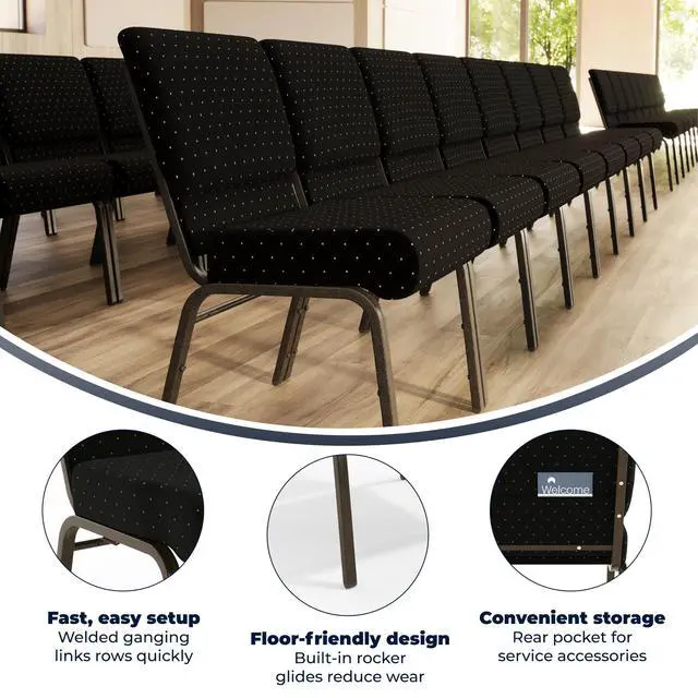 Alt view image 4 of 7 - Black Dot Patterned Fabric 21" W Stacking Church Chair | Gold Vein Frame, Fabric Upholstery