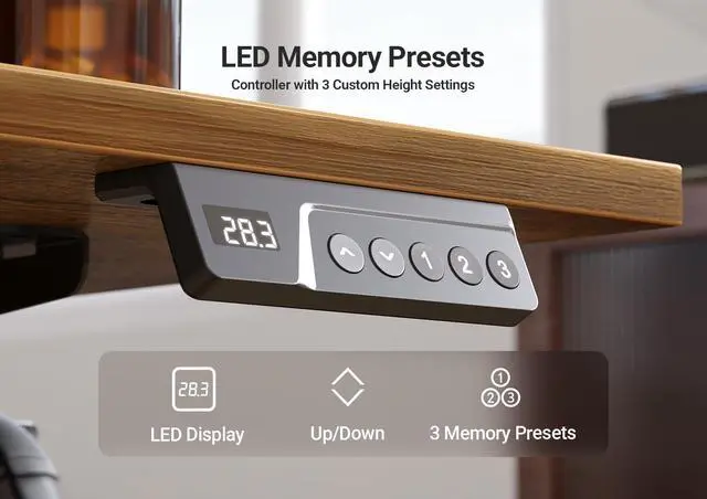 Alt view image 6 of 7 - Electric Standing Desk Adjustable Height, 55 x 24 Inch Sit Stand Desk with T-Shaped Frame, 3 Memory Presets & Cable Management for Home Office Computer Workstation, Black Frame/Rustic Brown Top