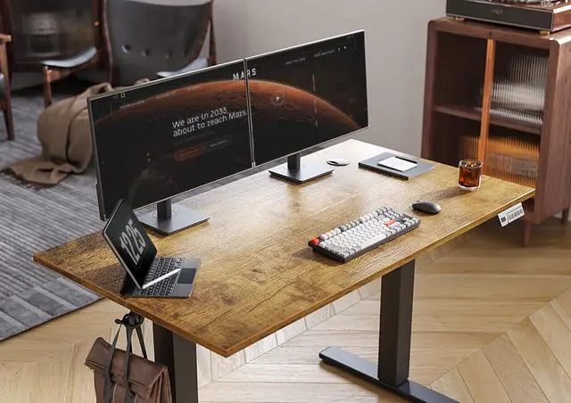 Alt view image 5 of 7 - Electric Standing Desk Adjustable Height, 55 x 24 Inch Sit Stand Desk with T-Shaped Frame, 3 Memory Presets & Cable Management for Home Office Computer Workstation, Black Frame/Rustic Brown Top