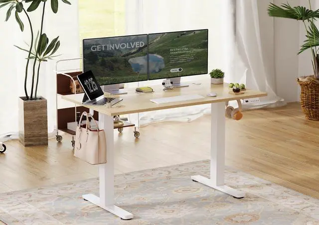 Alt view image 2 of 7 - Electric Standing Desk Adjustable Height, 55 x 24 Inch Sit Stand Desk with T-Shaped Frame, 3 Memory Presets & Cable Management for Home Office Computer Workstation, White Frame/Nature Top
