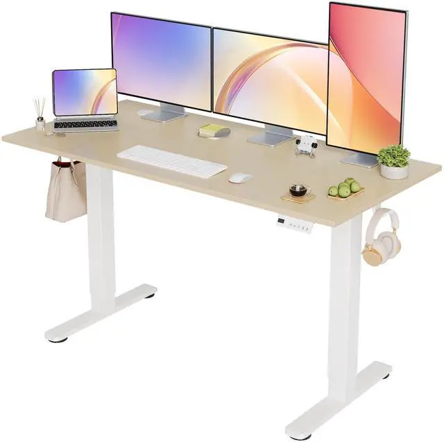 Main image of Electric Standing Desk Adjustable Height, 55 x 24 Inch Sit Stand Desk with T-Shaped Frame, 3 Memory Presets & Cable Management for Home Office Computer Workstation, White Frame/Nature Top