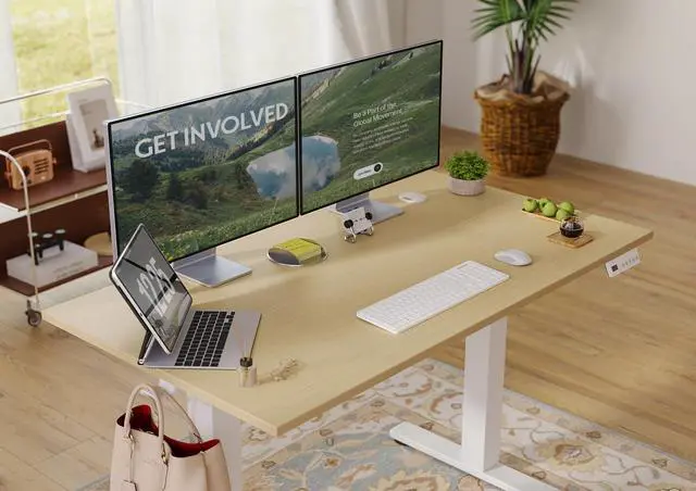 Alt view image 5 of 7 - Electric Standing Desk Adjustable Height, 55 x 24 Inch Sit Stand Desk with T-Shaped Frame, 3 Memory Presets & Cable Management for Home Office Computer Workstation, White Frame/Nature Top