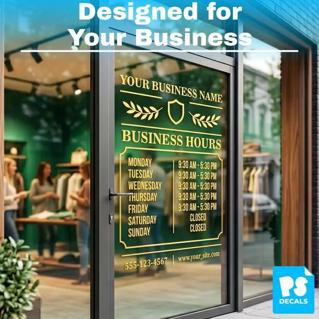 Alt view image 2 of 7 - Custom Business Hours Decal Personalized Store Window Sign for Glass Doors | Add Logo Open Closed Company Name Phone Website Days Time Weatherproof Vinyl Easy Install Made in USA