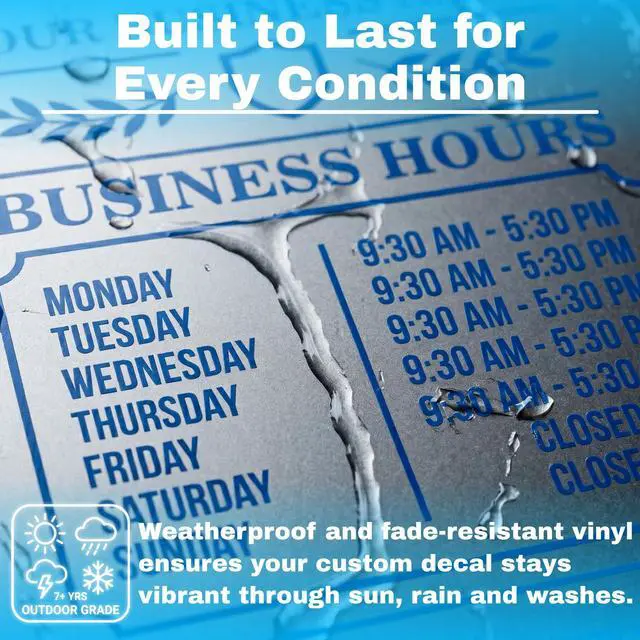 Alt view image 3 of 7 - Custom Business Hours Decal Personalized Store Window Sign for Glass Doors | Add Logo Open Closed Company Name Phone Website Days Time Weatherproof Vinyl Easy Install Made in USA