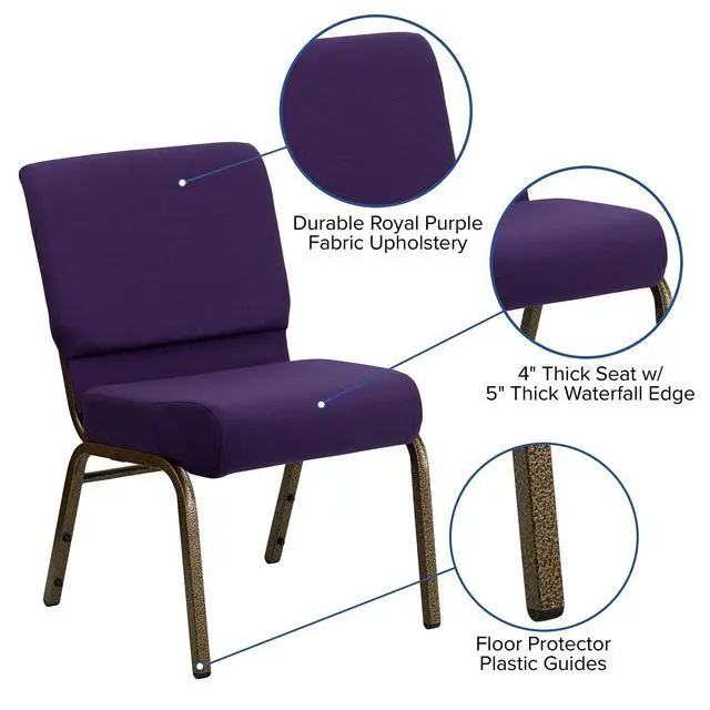 Alt view image 4 of 6 - Royal Purple Fabric 21" W Stacking Church Chair | Gold Vein Frame, Fabric Upholstery