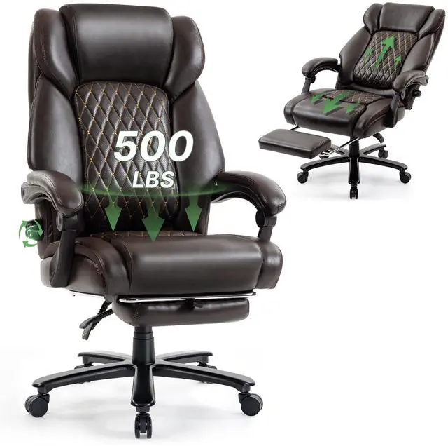 Main image of 500LBS Reclining Executive Office Chair with Retractable Footrest, Brown | Adjustable Lumbar Support, for Big and Tall People, Leather, Manager Desk Chair, for Home Office, Work, and Relaxation