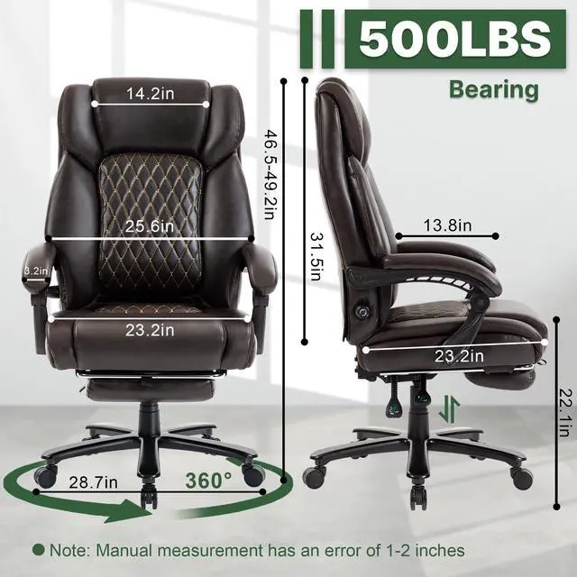 Alt view image 3 of 7 - 500LBS Reclining Executive Office Chair with Retractable Footrest, Brown | Adjustable Lumbar Support, for Big and Tall People, Leather, Manager Desk Chair, for Home Office, Work, and Relaxation