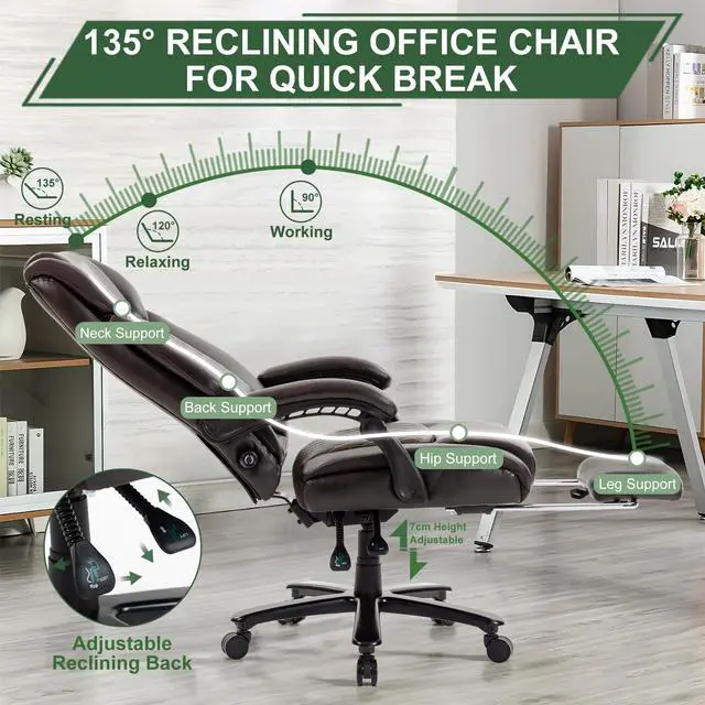 Alt view image 5 of 7 - 500LBS Reclining Executive Office Chair with Retractable Footrest, Brown | Adjustable Lumbar Support, for Big and Tall People, Leather, Manager Desk Chair, for Home Office, Work, and Relaxation